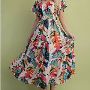 Vibrant Tropical Print Smocked Waist Boho Midi Dress